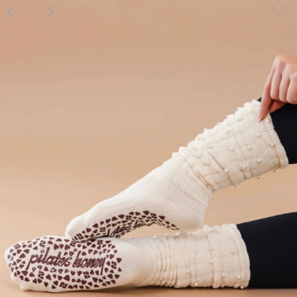 Cream Knit Pilates Grip Socks with Pearl Accents